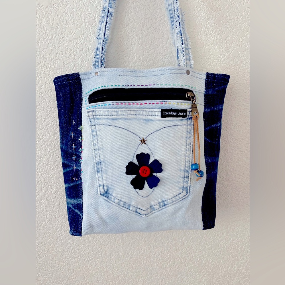 Denim Patchwork & Sachiko hand embroidery,  Shoulder Bag - Upcycled Jeans